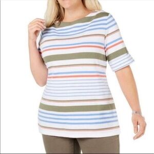 NEW Karen Scott Plus Stripe Tee Shirt Top Elbow Sleeves Boatneck Jersey Size 0X